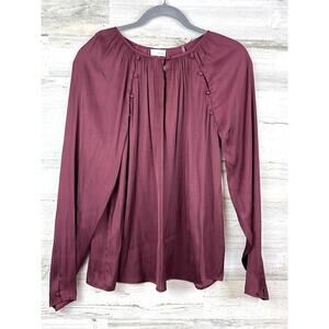 Ecru Womens L Burgundy Long Sleeve Pullover Silky Blouse Luxury Button NEW